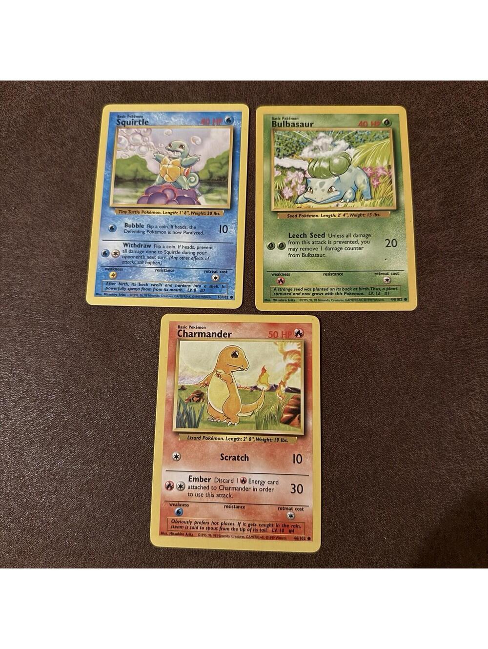 Pokemon Base Set Starters Squirtle, Bulbasaur, Charmander Set